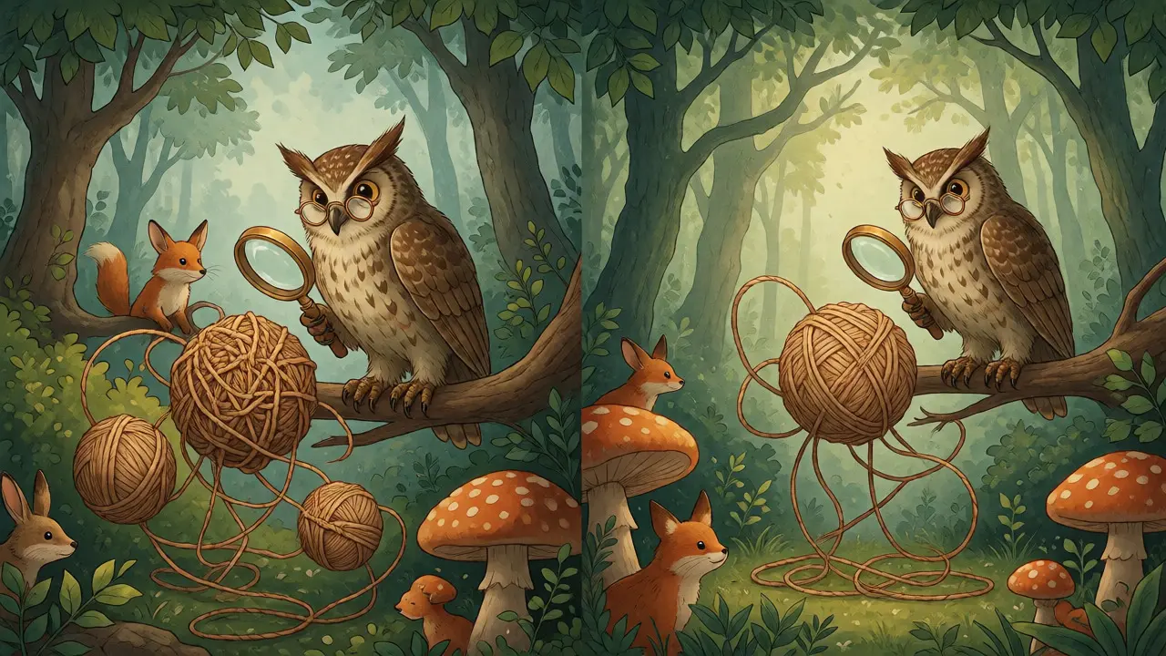 Eine Eule mit Brille untersucht ein Knäuel Garn, umgeben von vorsichtigen Tieren in einem ruhigen Wald.