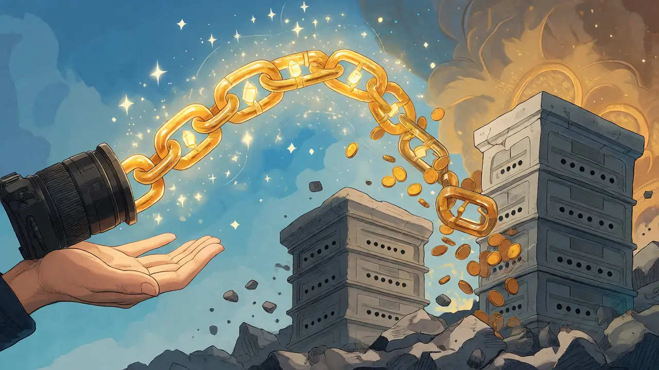Eine magische Goldkette verbindet eine Kamera direkt mit einer Hand und umgeht graue Türme.