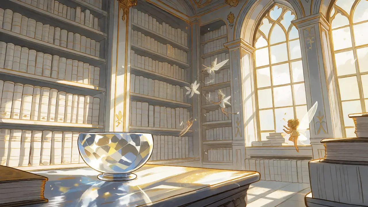 Fairen säubern eine sonnendurchflutete Bibliothek mit Kristallschale