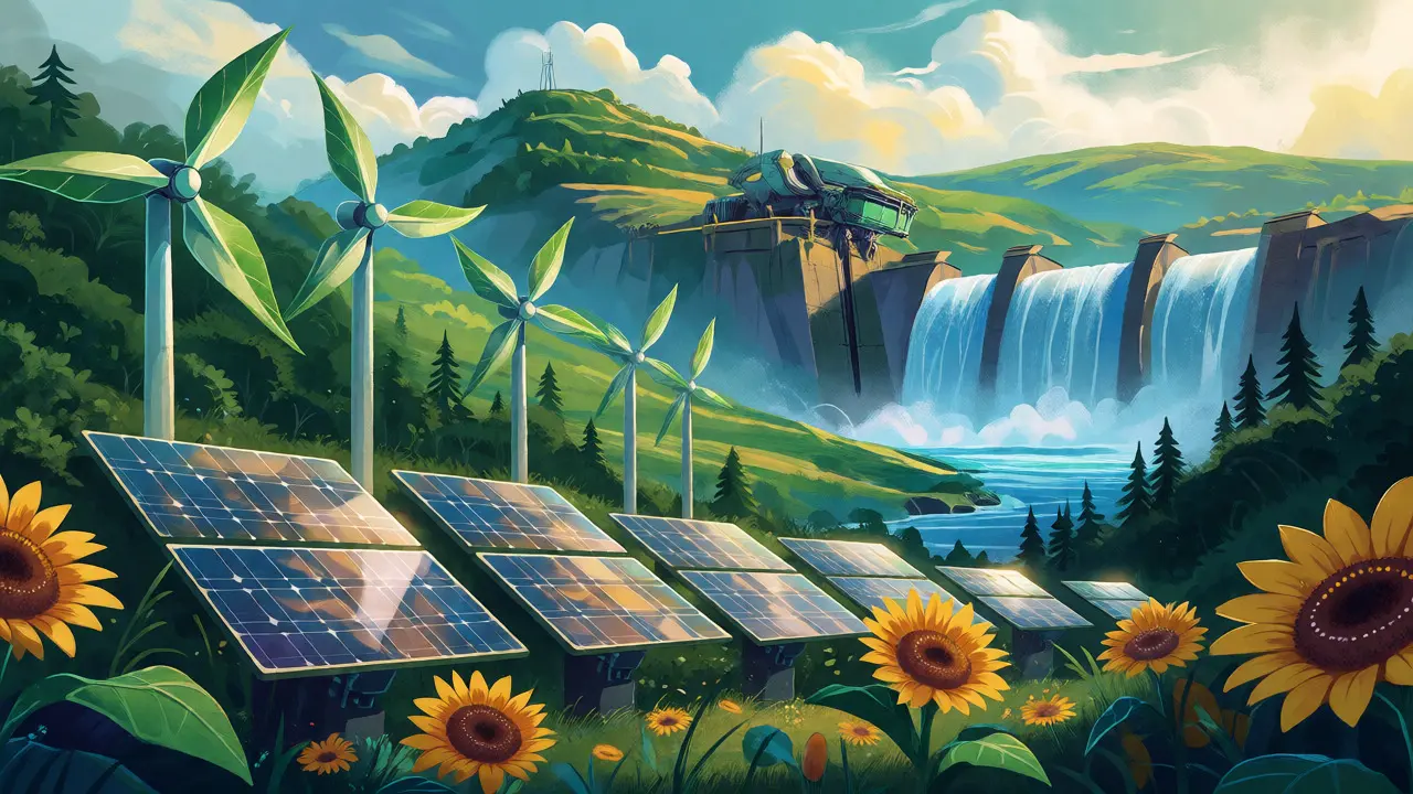 Fairy Tale Art von Windrädern und Solaranlagen, die futuristische Mining-Rigs versorgen.