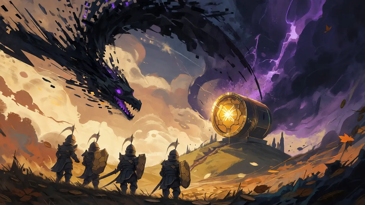 Fantasy-Szene eines Drachen, der einen goldenen Schatztresor angreift, symbolisiert den DAO-Hack.