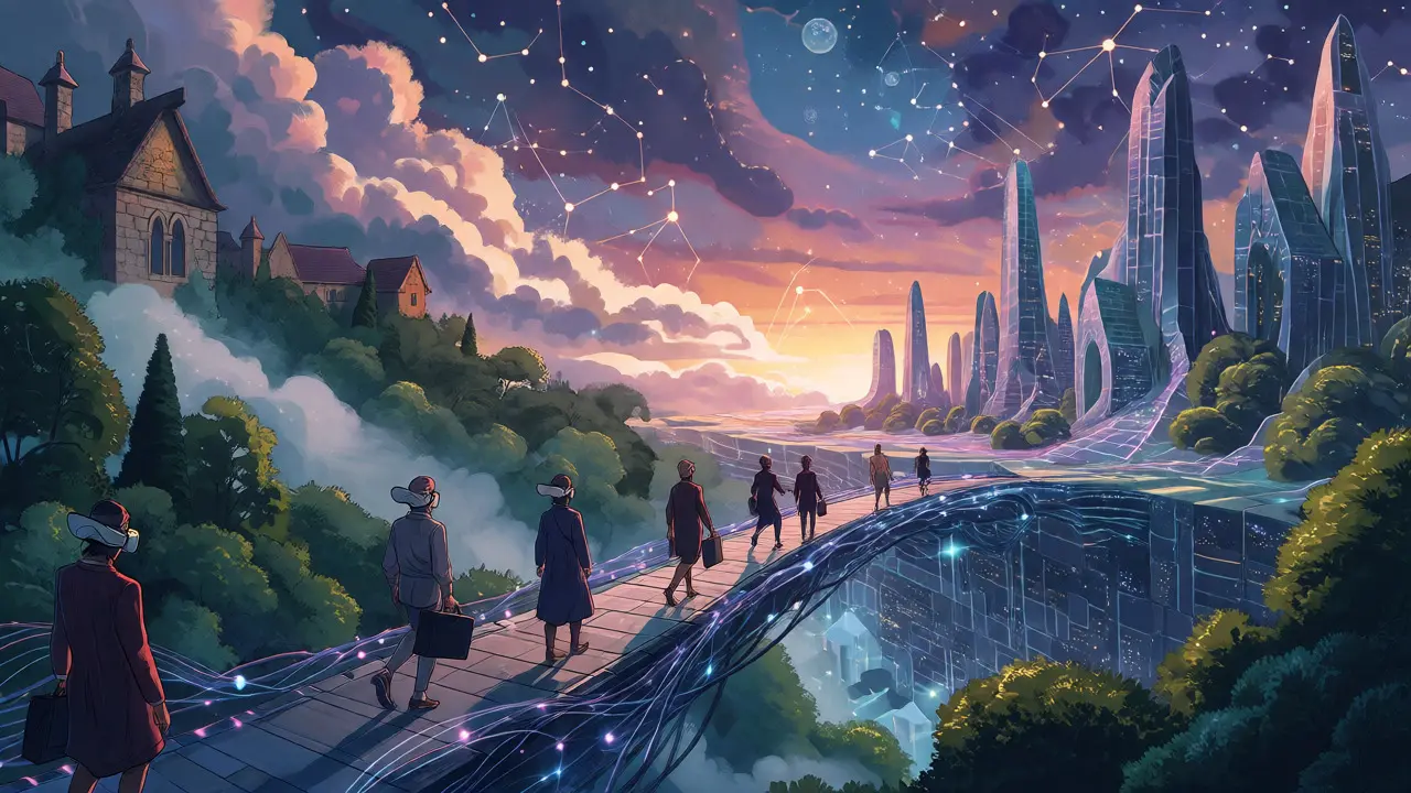 Futuristische Brücke zwischen realer und digitaler Welt im Märchenstil.