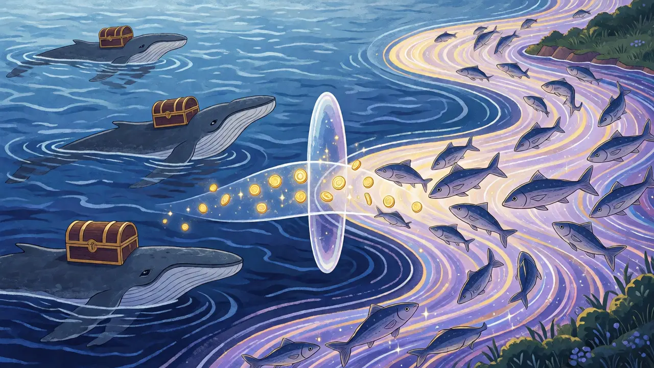 Glasbrücke verbindet Ozean (Ethereum) und Fluss (Moonbeam) mit fließenden Tokens im Fantasy-Stil.