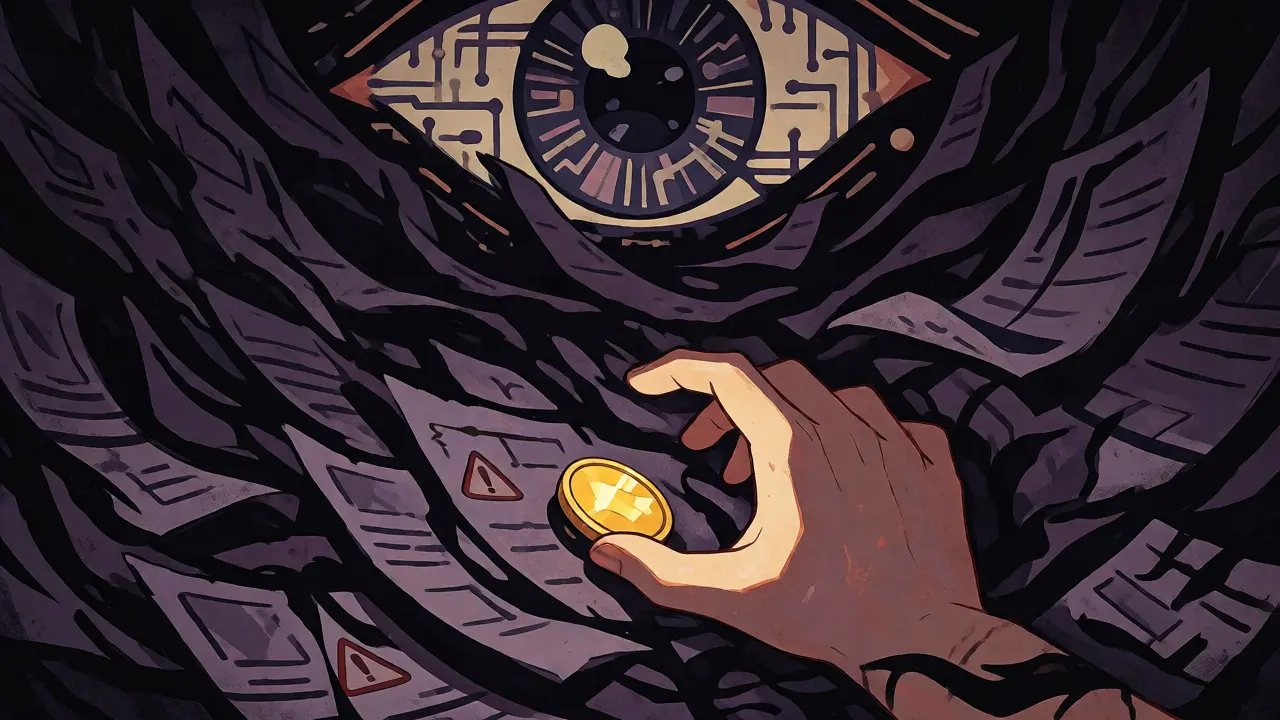 Hand greift nach Goldmünze aus Schatten unter überwachendem Auge