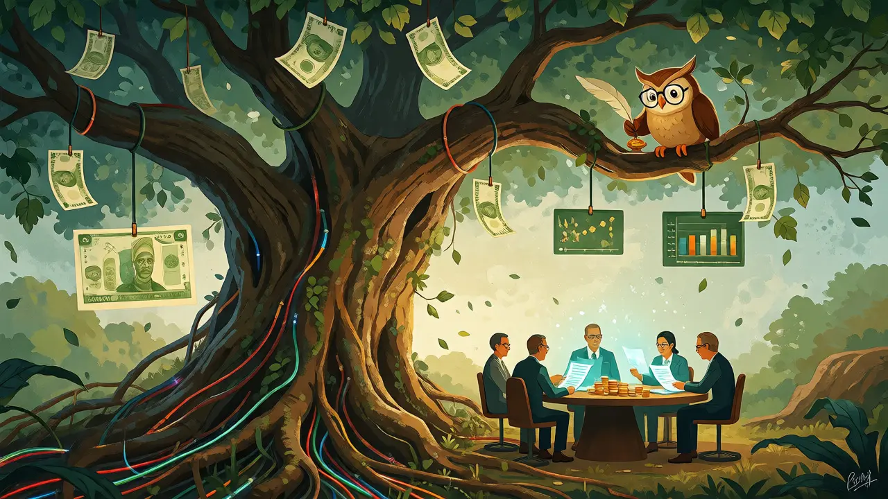 Investoren unter einem magischen Baum mit Naira-Blättern und einer Eule als Symbol