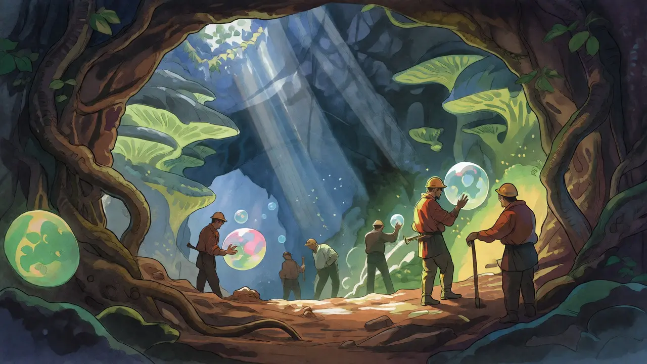 Mythische Mine mit schwebenden Daten-Orbs