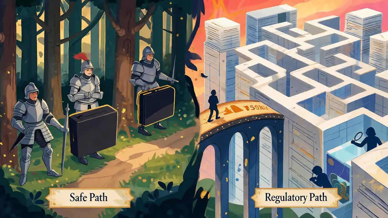 Wegweiser zwischen Hardware-Wallets und Bürokratie-Labyrinth als Märchenillustration